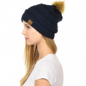 Skullies & Beanies Hat-43 Thick Warm Cap Hat Skully Faux Fur Pom Pom Cable Knit Beanie - Navy - CX18X8X6TGN $22.58