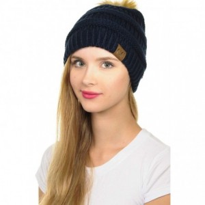 Skullies & Beanies Hat-43 Thick Warm Cap Hat Skully Faux Fur Pom Pom Cable Knit Beanie - Navy - CX18X8X6TGN $11.97