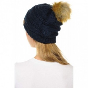 Skullies & Beanies Hat-43 Thick Warm Cap Hat Skully Faux Fur Pom Pom Cable Knit Beanie - Navy - CX18X8X6TGN $11.97