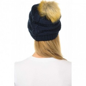 Skullies & Beanies Hat-43 Thick Warm Cap Hat Skully Faux Fur Pom Pom Cable Knit Beanie - Navy - CX18X8X6TGN $11.97