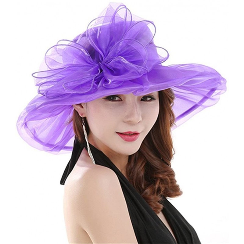 Sun Hats Women's Organza Summer Sun Hat Bridal Cap Beach Church Ascot Race Derby Hat Cocktail Party Wedding Cap - Purple - CF...