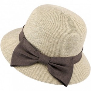 Sun Hats Women's Wide Brim Straw Sun Hat w/Large Decorative Bow and Drawstring - A_mix Beige - CB18CHWL54X $30.48