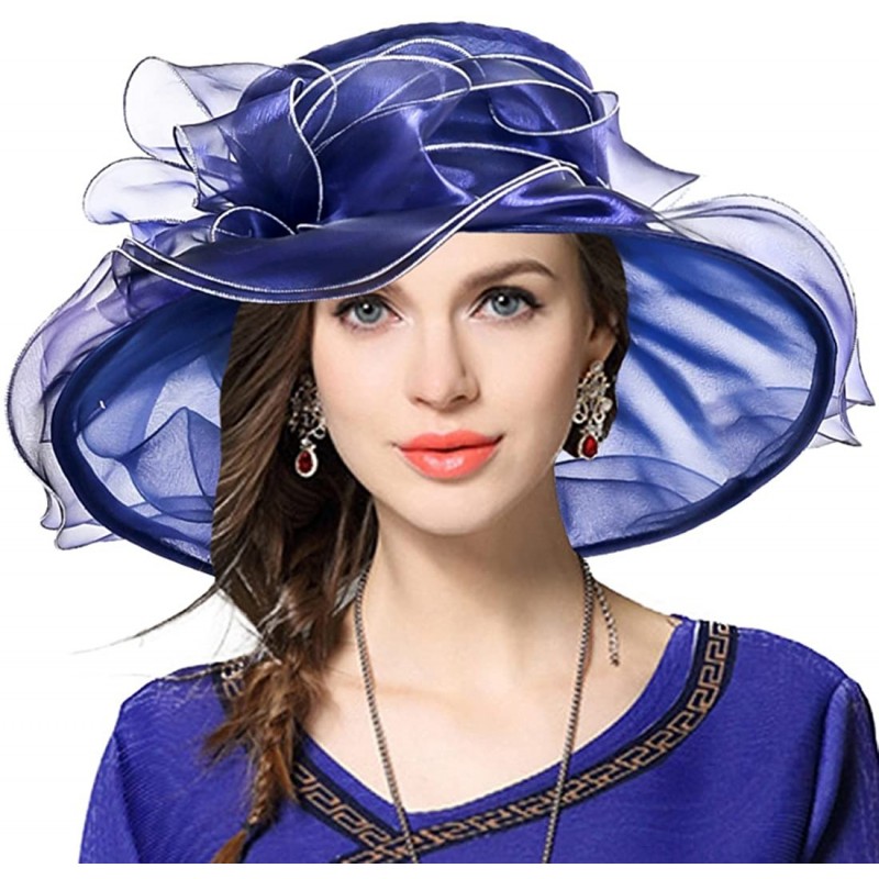 Sun Hats Women Church Derby Hat Wide Brim Wedding Dress Hat Tea Party HAT S019 - Navy - C817YKOODWY $20.15