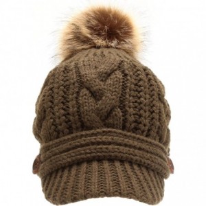 Skullies & Beanies Women's Chunky Winter Soft Cable Knitted Double Layer Visor Beanie Hat with Faux Fur Pom Pom - Olive - C81...