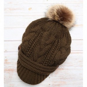 Skullies & Beanies Women's Chunky Winter Soft Cable Knitted Double Layer Visor Beanie Hat with Faux Fur Pom Pom - Olive - C81...