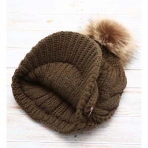 Skullies & Beanies Women's Chunky Winter Soft Cable Knitted Double Layer Visor Beanie Hat with Faux Fur Pom Pom - Olive - C81...