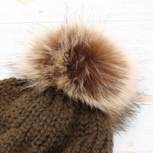 Skullies & Beanies Women's Chunky Winter Soft Cable Knitted Double Layer Visor Beanie Hat with Faux Fur Pom Pom - Olive - C81...