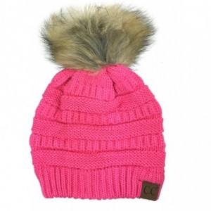 Skullies & Beanies Soft Stretch Cable Knit Ribbed Faux Fur Pom Pom Beanie Hat - Candy Pink - CV187AXEAGH $18.55