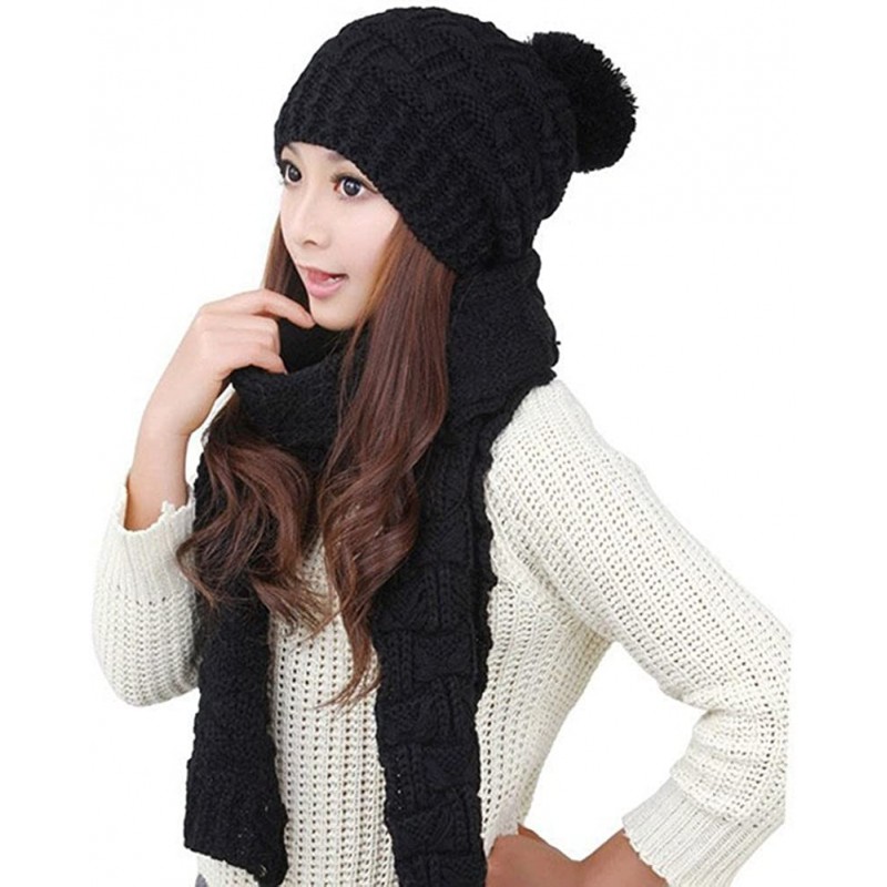 Skullies & Beanies Lady Women's Lady Girl Scarf and Hat 2pcs Set Knitted Winter Warm Skull caps Thicken Beanie Cap - Black - ...