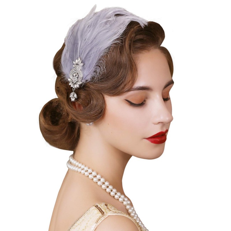 Headbands 1920s Feather Headpiece Flapper Headband- Roaring 20s Hair Accessories Great Gatsby Hair Clip Gray - Gray - CV18WNM...