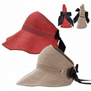 Sun Hats Summer Straw Beach Sun Visor Ponytail Hats for Women Foldable Floppy - Straw-bk-2 Pack-khiki/Red - CP18S7RWOH0 $16.70