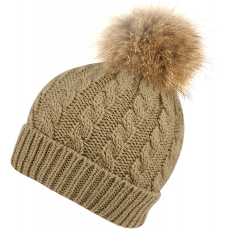 Skullies & Beanies Womens Girls Knitted Fur Hat Real Large Raccoon Fur Pom Pom Beanie Hats - Bn2354khaki - CX12O3UMM7P $9.49