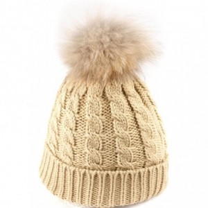 Skullies & Beanies Womens Girls Knitted Fur Hat Real Large Raccoon Fur Pom Pom Beanie Hats - Bn2354khaki - CX12O3UMM7P $9.49