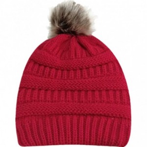 Skullies & Beanies Sale!Women Winter Warm Crochet Knit Faux Fur Pom Pom Beanie Hat Cap hat for women winter fashion - Red - C...