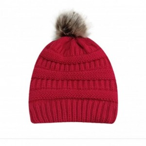 Skullies & Beanies Sale!Women Winter Warm Crochet Knit Faux Fur Pom Pom Beanie Hat Cap hat for women winter fashion - Red - C...