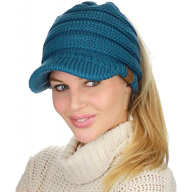 Skullies & Beanies BeanieTail Warm Knit Messy High Bun Ponytail Visor Beanie Cap - Teal - C818GRYEHR0 $12.92