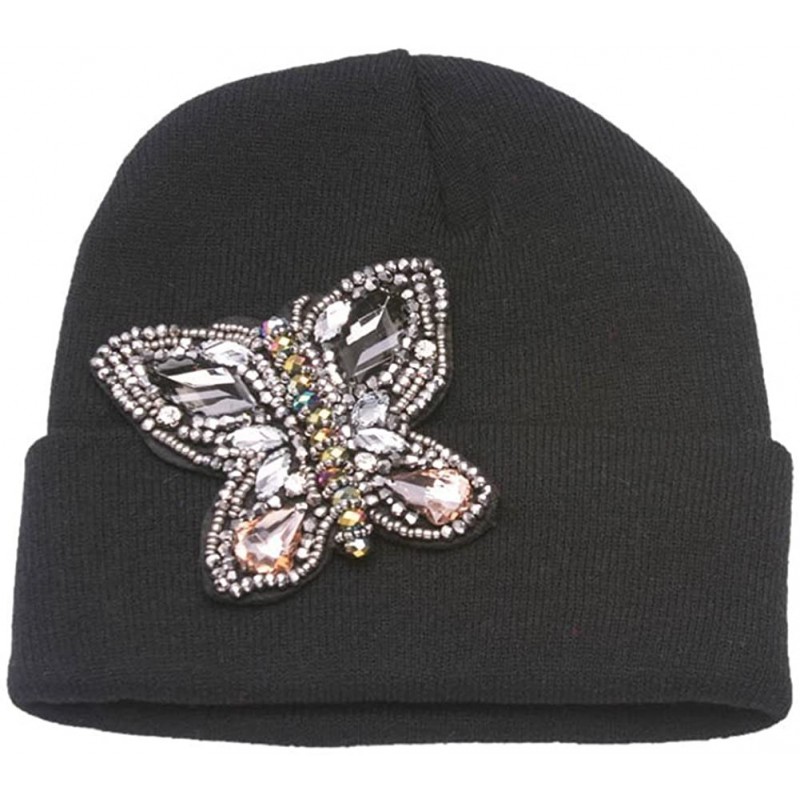 Skullies & Beanies Womens Beaded Butterfly Cuffed Beanie - Black - CE128KK8DGB $12.33