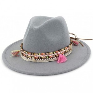Fedoras Women's Felt Fedora Hat Wide Brim Panama Hats with Tassel - Light Grey - CA18TRN40AG $30.29