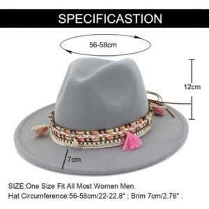 Fedoras Women's Felt Fedora Hat Wide Brim Panama Hats with Tassel - Light Grey - CA18TRN40AG $16.06