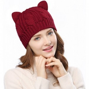 Skullies & Beanies Women's Hat Cat Ear Crochet Braided Knit Caps - Burgundy - CV1857HLAR7 $10.88