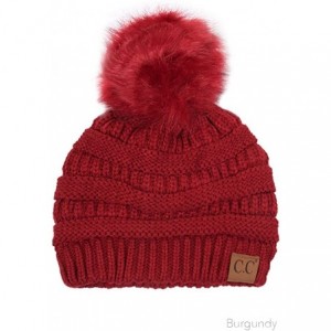 Skullies & Beanies Exclusive Soft Stretch Cable Knit Faux Fur Pom Pom Beanie Hat - Burgundy - CC12MAKJ9V2 $14.11