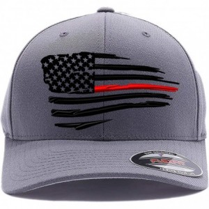 Baseball Caps Thin Red Line/Blue Line Waving USA Flag. Front & Back Embroidered- Flexfit 6277 Wooly Combed Cap. - Grey - CK18...
