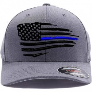 Baseball Caps Thin Red Line/Blue Line Waving USA Flag. Front & Back Embroidered- Flexfit 6277 Wooly Combed Cap. - Grey - CK18...