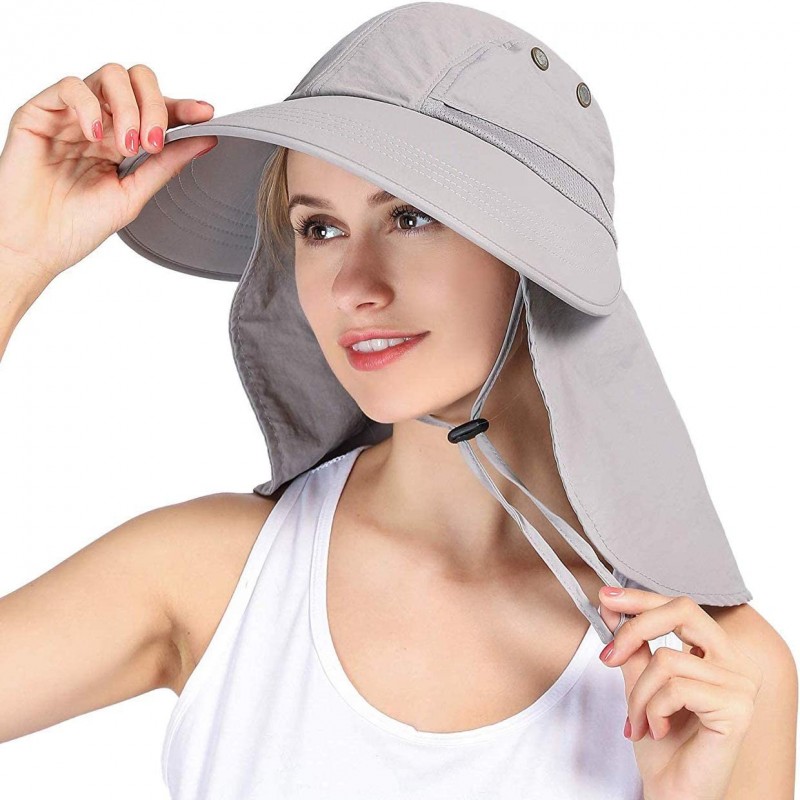 Sun Hats Womens Ponytail Summer Sun UV Protection Wide Brim Beach Fishing Hat with Neck Flap - Light Gray - CF1949ZGDUH $26.60