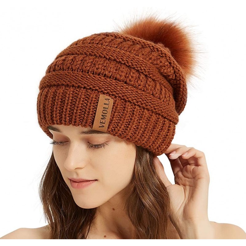 Skullies & Beanies Womens Winter Knit Slouchy Beanie Chunky Hats Bobble Hat Ski Cap with Faux Fur Pompom - Rust - CF18YSX0A7X...