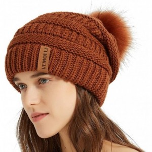Skullies & Beanies Womens Winter Knit Slouchy Beanie Chunky Hats Bobble Hat Ski Cap with Faux Fur Pompom - Rust - CF18YSX0A7X...
