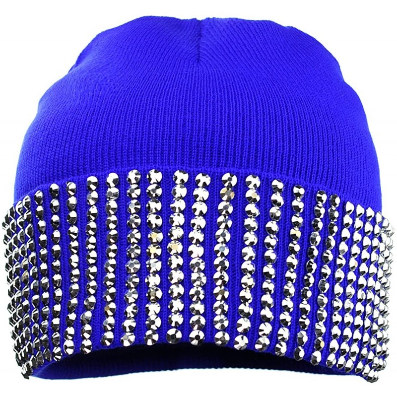 Skullies & Beanies Solid Color Rhinestone Studded Retro Winter Warm Cuff Skull Ski Cap Beanie Hat - Blue - CV129I199ZF $13.14