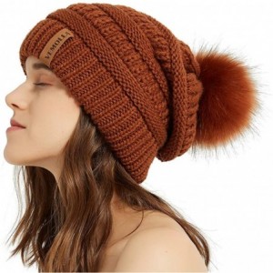 Skullies & Beanies Womens Winter Knit Slouchy Beanie Chunky Hats Bobble Hat Ski Cap with Faux Fur Pompom - Rust - CF18YSX0A7X...