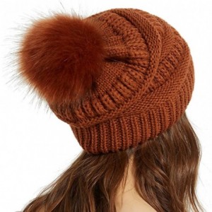 Skullies & Beanies Womens Winter Knit Slouchy Beanie Chunky Hats Bobble Hat Ski Cap with Faux Fur Pompom - Rust - CF18YSX0A7X...