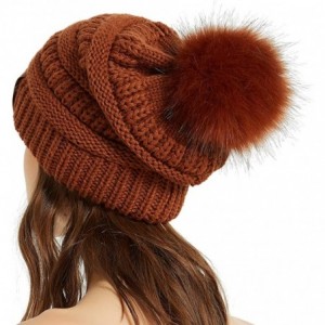 Skullies & Beanies Womens Winter Knit Slouchy Beanie Chunky Hats Bobble Hat Ski Cap with Faux Fur Pompom - Rust - CF18YSX0A7X...