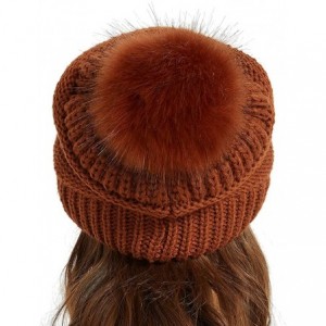 Skullies & Beanies Womens Winter Knit Slouchy Beanie Chunky Hats Bobble Hat Ski Cap with Faux Fur Pompom - Rust - CF18YSX0A7X...