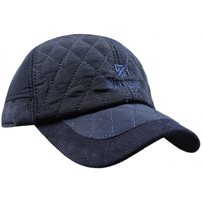 Baseball Caps Men's Warm Cotton Padded Quilting Plaid Peaked Baseball Hat Cap with Ear Flap - Navy - CK125RLSLM7 $10.30