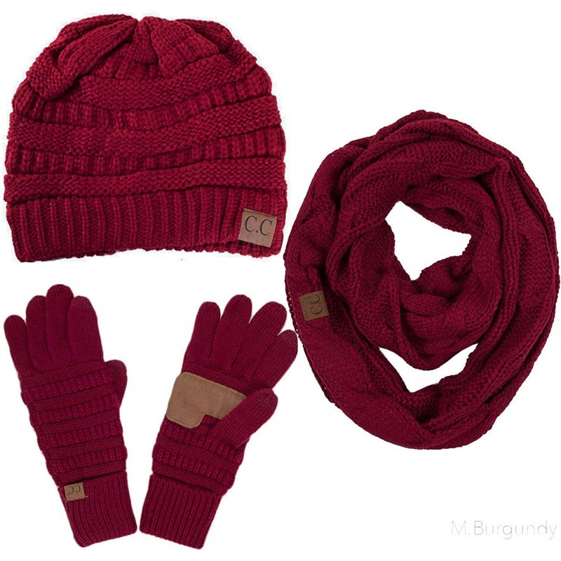 Skullies & Beanies 3pc Set Trendy Warm Chunky Soft Stretch Cable Knit Beanie- Scarves and Gloves Set - Burgundy - CO18H6LKQN0...