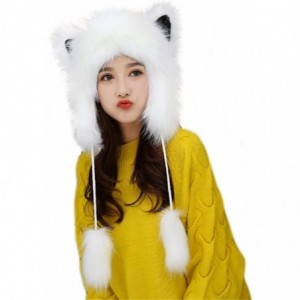 Skullies & Beanies Cute Warm Plush Fluffy Faux Fur Hood Hat Spirit Ears Wolf Bear Cat Costume Hat - White - CI188H7YRAH $27.37