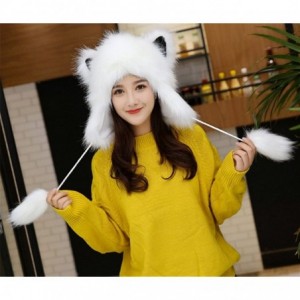 Skullies & Beanies Cute Warm Plush Fluffy Faux Fur Hood Hat Spirit Ears Wolf Bear Cat Costume Hat - White - CI188H7YRAH $27.37