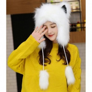 Skullies & Beanies Cute Warm Plush Fluffy Faux Fur Hood Hat Spirit Ears Wolf Bear Cat Costume Hat - White - CI188H7YRAH $27.37