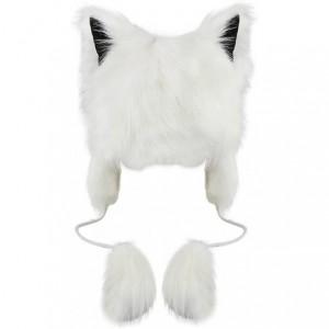 Skullies & Beanies Cute Warm Plush Fluffy Faux Fur Hood Hat Spirit Ears Wolf Bear Cat Costume Hat - White - CI188H7YRAH $27.37