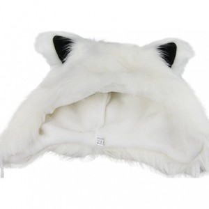 Skullies & Beanies Cute Warm Plush Fluffy Faux Fur Hood Hat Spirit Ears Wolf Bear Cat Costume Hat - White - CI188H7YRAH $27.37