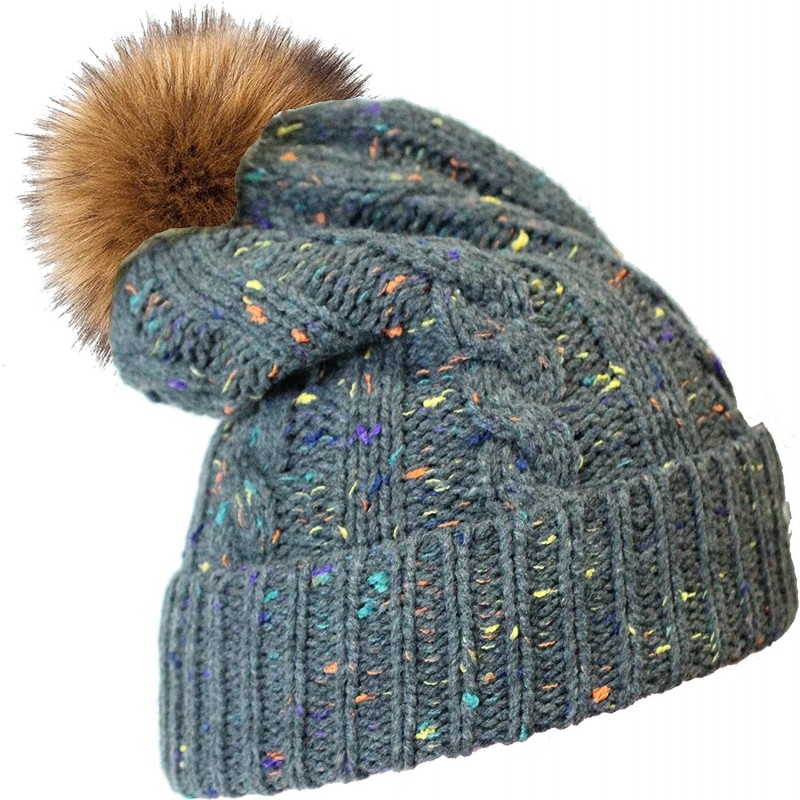 Skullies & Beanies Womens Cable Knit Winter Hat - With A Fleece Lining and Faux Fur Pom Pom - Confetti Grey - C812NZ3GQCJ $11.51