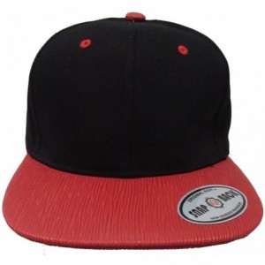 Baseball Caps Premium Flat Bill Cotton Snapback with Textured PU Leather Bill - Black/Red - C311NF10EYF $23.85