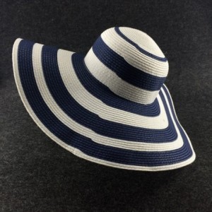 Sun Hats Floppy Wide Brim Straw Hat Women Summer Beach Cap Sun Hat - Navy Blue and White Striped - CK18DQW8SR2 $9.72