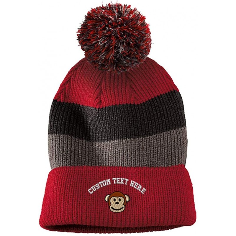 Skullies & Beanies Custom Vintage Pom Pom Beanie Cute Monkey Face Embroidery Acrylic - Red Stripes - CK18H5LDZT3 $16.90