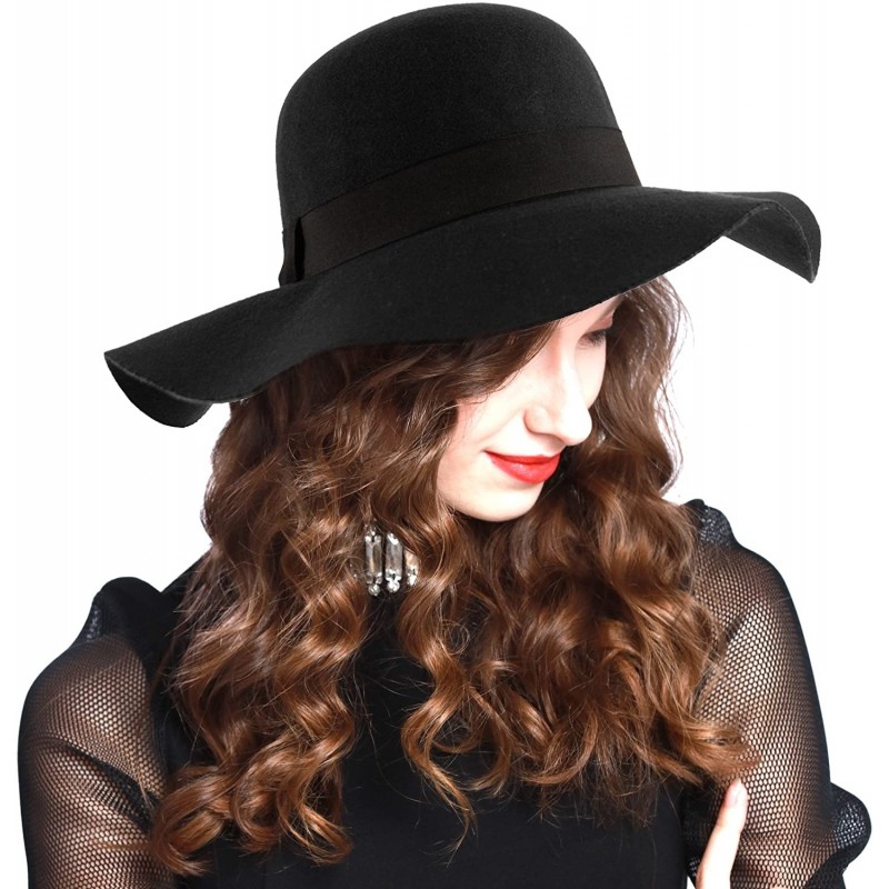 Fedoras Women's Felt Floppy Hat with Black Grograin Band - Black - C312N159ZD8 $11.66