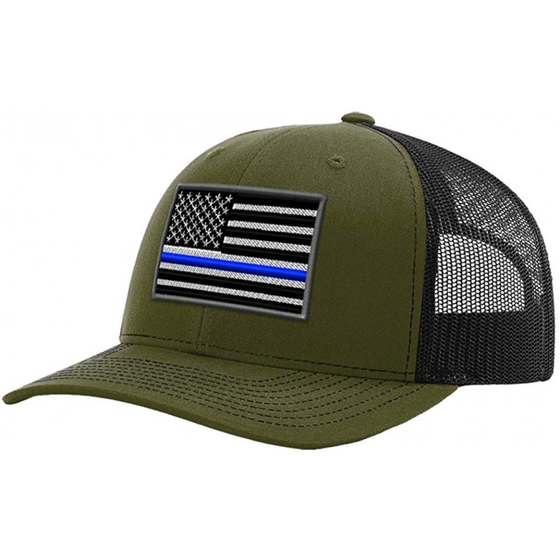 Baseball Caps Custom Richardson Trucker Hat American Flag Thin Blue Line Embroidery Snaps - Loden/Black - CP18TUHTTMN $31.22