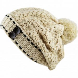 Skullies & Beanies 1000CMH-Women's Knit Beanie with Buttons and Pom Pom Winter Hat - Ivory - CV125WGK3MD $8.49