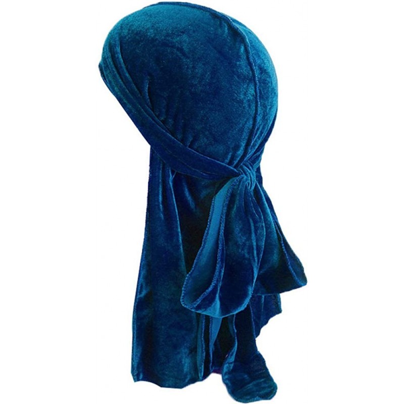 Skullies & Beanies Men's Soft Velvet Long Tail Wide Straps Durag Solid Color Cap Turban Headwrap - Teal - CT18GR7WLCY $12.15